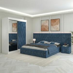 Dormitor Eric Albastru Tapitat Cu Noptiere Tapitate + Extensii 160x200