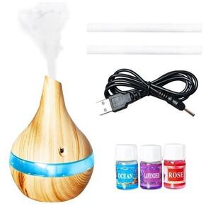 Difuzor aromaterapie 300ml, umidificator reincarcabil USB, iluminat LED 7 culori, uleiuri parfumate, buton tactil, natur
