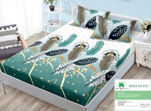 Husa de pat, finet, 180x200cm, 2 persoane, 3 piese, cu elastic, alb si verde, cu pene, HPF375