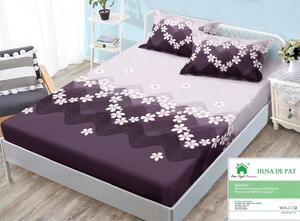 Husa de pat, finet, 180x200cm, 2 persoane, 3 piese, cu elastic, mov , cu floricele albe, HPF377