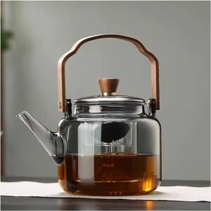 Ceainic 1200 ml din sticla borosilicata su infuzor si maner lemn, Fumuriu