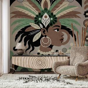 Tapet un design elegant, de inspirație africană, în nuanțe de verde, maro și bej, Fototapet stil etnic, w05389v1 : Uwalls.ro