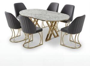 Set Masă și 6 Scaune Milano, Stil Elegant, Detalii Aurii, 85x160 cm, Blat Marmorat Alb, Antracit Gray
