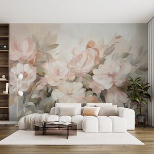 Tapet Flori de un roz pal și albe, cu frunze verzi, stil pictural, stil impresionist, artă texturată, Fototapet Acuarelă, w09824 : Uwalls.ro
