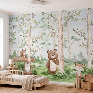 Tapet O ilustrație pentru copii cu o pădure în care apar un urs, o vulpe și un arici, Imagini de fundal unice, w05532 : Uwalls.ro