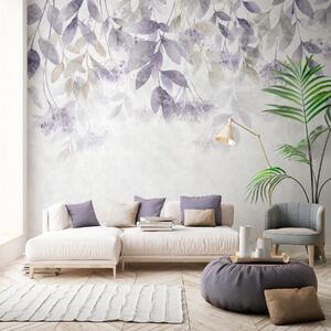 Tapet frunze texturate, dispuse în cascadă, cu flori în nuanțe de violet și bej, Fototapet Acuarelă, w05565v3 : Uwalls.ro