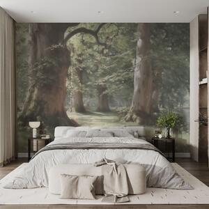 Tapet Peisaj de pădure de basm, într-o paletă delicată de verde-bej, în stil pictural, Fototapet Natură, w09845 : Uwalls.ro