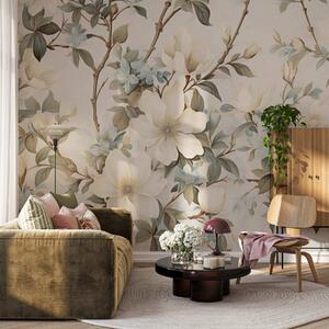 Tapet Flori delicate și frunze verzi, delicate, într-un stil pictural vintage, cu tușe subtile, Fototapet Flori, w05601 : Uwalls.ro