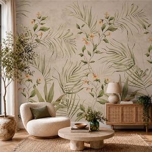 Tapet Frunze tropicale și flori delicate pe un fundal bej, Imagini de fundal unice, w05625 : Uwalls.ro