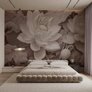 Tapet Flori de lotus în stil vintage, cu nuanțe delicate de sepia și petale detaliate, ilustrație botanică, Fototapet Flori, w05494v1 : Uwalls.ro