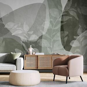 Tapet Forme abstracte în nuanțe de verde se suprapun cu elemente botanice transparente și elemente, Imagini de fundal unice, w09865v2 : Uwalls.ro