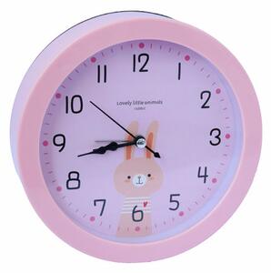 Ceas clasic de masa Pufo Joy, cu alarma, 16 x 16 cm, model Lovely Rabbit, roz