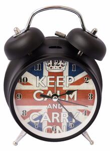 Ceas de masa desteptator Pufo Keep Calm, metalic, 15 cm, negru