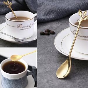 Set 6 lingurite Pufo Leaf pentru cafea, ceai, desert, otel, maner in forma de frunzulita, auriu, 13 cm