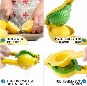 Storcator manual dublu Pufo Lemony pentru citrice, lamai, lime, portocale, 22 cm, galben/verde