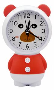 Ceas de masa desteptator pentru copii Pufo, model Ursuletul Zambarici, 16 cm, alb/rosu