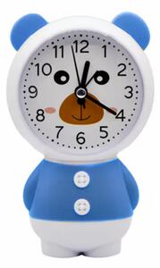 Ceas de masa desteptator pentru copii Pufo, model Ursuletul Zambarici, 16 cm, alb/albastru