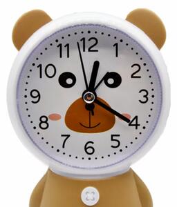 Ceas de masa desteptator pentru copii Pufo, model Ursuletul Zambarici, 16 cm, alb/maro