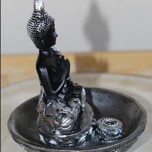 Statueta decorativa Buddha cu suport pentru betisoare parfumate, 11 cm, argintiu/negru