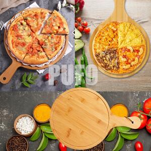 Platou rotund Pufo din lemn de bambus cu maner pentru servire alimente, aperitive, pizza, 38 cm, maro