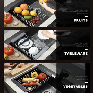 Suport extensibil de chiuveta Pufo Kitchen, tip cos, pentru legume, fructe si alimente, otel, 47 x 21 cm, argintiu/negru