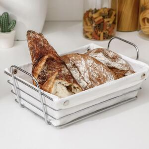 Cos metalic dreptunghiular Pufo Luxury de bucatarie pentru servire paine, cu husa detasabila textila, 26 x 19 cm, argintiu