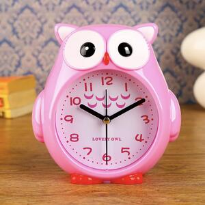 Ceas de masa desteptator pentru copii Pufo, model Bufnita Atenta, 17 cm, roz