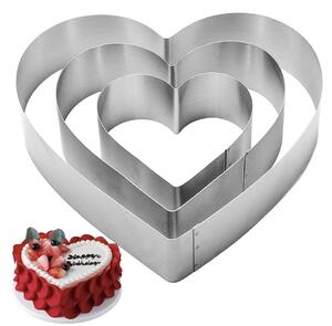 Set 3 inele metalice Pufo Heart Cake in forma de inima, pentru blat de tort, prajituri, otel inoxidabil, argintiu