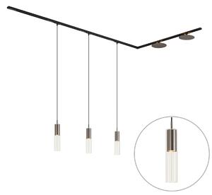 Sistem de iluminat cu șină modern negru cu 3 lămpi suspendate și 2 spoturi de tavan gunmetal monofazate - Iconic Lloyd Pulley