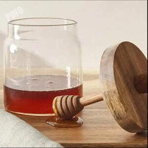 Borcan din sticla borosilicata Pufo Honey cu capac din lemn si lingura pentru colectare miere, 450 ml