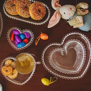 Bol de sticla elegant Pufo Heart pentru servire alune, fistic, bomboane, gustari, 22 cm