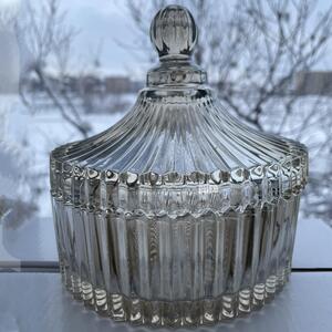 Bomboniera mare tip zaharnita Pufo Style din sticla cu capac, 19 cm, fumuriu