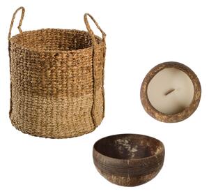 Pachet cadou Cos Cam Lap Lumanare Dua si Bol Lychee - Coș mărimea S (D20xH20/30cm) Lumânare în nucă de cocos (D11H9cm) și Bol din nucă de cocos (D13H6cm)