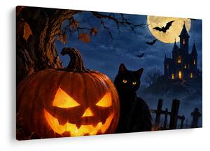 Tablou - Pisică neagră lângă un dovleac luminat de Halloween (90x60 cm)