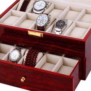 Cutie caseta din lemn pentru depozitare si organizare 20 ceasuri, model Pufo Premium etajat cu sertar