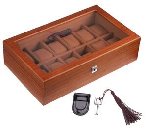 Cutie caseta din lemn pentru depozitare si organizare 12 ceasuri, model Pufo Elite Edition cu cheita, maro