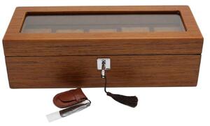 Cutie caseta din lemn pentru depozitare si organizare 5 ceasuri, model Pufo Elite Edition cu cheita, maro