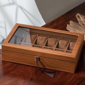 Cutie caseta din lemn pentru depozitare si organizare 12 ceasuri, model Pufo Elite Edition cu cheita, maro