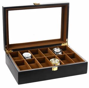 Cutie caseta din lemn pentru depozitare si organizare 12 ceasuri, model Pufo Imperial, negru mat