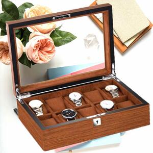 Cutie caseta din lemn pentru depozitare si organizare 10 ceasuri, model Pufo Elite Edition cu cheita, maro