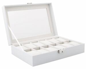 Cutie caseta eleganta depozitare cu compartimente pentru 12 ceasuri, model Premium cu cheita, alb, Pufo