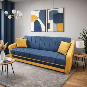 Canapea ALEX extensibila, 3 locuri, cu lada de depozitare, stofa albastru cu galben, 220x90x90 Albastru + Galben