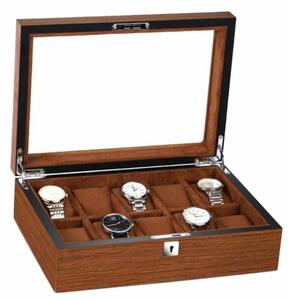 Cutie caseta din lemn pentru depozitare si organizare 10 ceasuri, model Pufo Elite Edition cu cheita, maro
