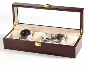 Cutie caseta din lemn pentru depozitare si organizare 6 ceasuri, model Pufo Premium, maro inchis