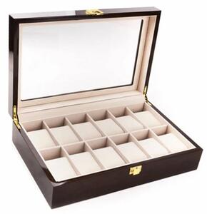 Cutie caseta din lemn pentru depozitare si organizare 12 ceasuri, model Pufo Premium, maro inchis