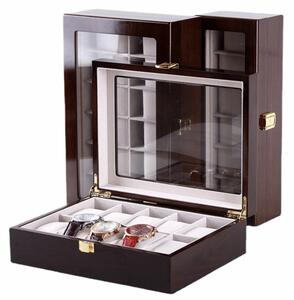 Cutie caseta din lemn pentru depozitare si organizare 10 ceasuri, model Pufo Premium, maro inchis