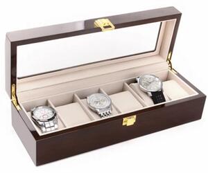 Cutie caseta din lemn pentru depozitare si organizare 6 ceasuri, model Pufo Premium, maro inchis