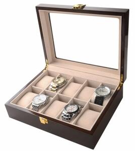 Cutie caseta din lemn pentru depozitare si organizare 10 ceasuri, model Pufo Premium, maro inchis