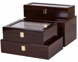 Cutie caseta din lemn pentru depozitare si organizare 12 ceasuri, model Pufo Premium, maro inchis
