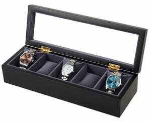 Cutie caseta eleganta din lemn pentru depozitare si organizare 5 ceasuri, model Pufo Gentle cu interior si pernute de catifea, negru